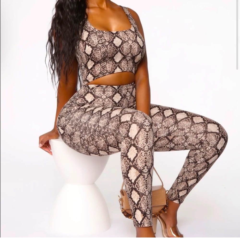 Brown and black Snake print Jumpsuit w/ front cut-out from Fashion Nova- Size L